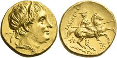 Greek Coins. Demetrius Poliorcetes. 306 – 284. Stater circa 290-289, AV 8.63 g. Diademed head of Demetrius r., with horn. Rev. ΒΑΣΙΛΕΩΣ – ΔΗΜΗΤP[ΙΟΥ] Horseman draped and wearing causia advancing r., h
