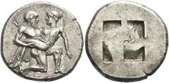 Greek Coins. Islands off Thrace, Thasos. Stater circa 412-404, AR 9.10 g. Ithyphallic satyr advancing r., carrying off protesting nymph; in upper r. field, I. Rev. Quadripartite incuse square. Le Ride