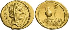 The Roman Republic. C. Cassius Longinus with Lentulus Spinther. Aureus, mint moving with Cassius (probably Smyrna) 43-42 BC, AV 8.00 g. C·CASSI·IMP – LEIBERTAS Diademed and veiled bust of Vesta r., we
