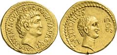 The Roman Republic. Marcus Antonius and Lucius Antonius with M. Cocceius Nerva. Aureus, mint moving with M. Antonius in the East 41 BC, AV 7.92 g. M·ANT·IMP·AVG VIR·R·P C·M·NERVA PRO Q·P Bare head of 