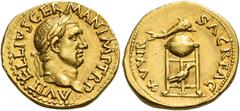 The Roman Empire. Vitellius, April –December 69. Aureus late April 69-December 69, AV 7.32 g. A VITELLIVS GERMAN IMP TR P Laureate head r. Rev. XV VIR – SACR FAC Tripod with dolphin set r. on top and 