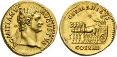 The Roman Empire. Domitian augustus, 81 – 96. Aureus 88, AV 7.71 g. DOMITIANVS – AVGVSTVS Laureate head r. Rev. GERMANICVS / COS XIIII Emperor in triumphal quadriga l., holding laurel-branch in r. han