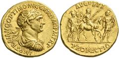 The Roman Empire. Trajan, 98 – 117. Aureus 114, AV 7.14 g. IMP TRAIANO OPTIMO AVG GER DAC P M TR P Laureate, draped and cuirassed bust r. Rev. AVGVSTI Trajan on horseback r., holding spear; behind, th