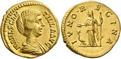 The Roman Empire. Manlia Scantilla, wife of Didius Julianus. Aureus March-June 193, AV 6.82 g. MANL SCAN – TILLA AVG Stolate bust r., hair dressed in two flowing waves and caught up behind in loose ch
