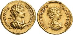 The Roman Empire. Caracalla augustus, 198 – 217. Aureus circa 201, AV 7.35 g. ANTONINVS – AVGVSTVS Laureate, draped and cuirassed bust of Caracalla r. Rev. P SEPT GETA – CAES PONT Bare-headed, draped 