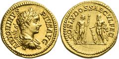 The Roman Empire. Caracalla augustus, 198 – 217. Aureus 202-204, AV 7.25 g. ANTONINVS PIVS AVG Laureate, draped and cuirassed bust r. Rev. COS LVDOS SAECVL FEC Liber, on l., standing r., holding cup a