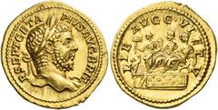 The Roman Empire. Geta augustus, 209 – 212. Aureus 210-212, AV 7.56 g. P SEPT GETA – PIVS AVG BRIT Laureate bust r., with drapery on l. shoulder. Rev. LIB AVGG VI ET V Caracalla and Geta seated l. on 