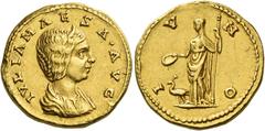 The Roman Empire. Julia Maesa, grandmother of Elagabalus. Aureus, eastern mint circa 218-219, AV 6.55 g. IVLIA MAESA AVG Diademed bust r., wearing stephane. Rev. I – V – N – O Juno standing l., holdin