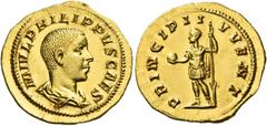 The Roman Empire. Philip II caesar, 244 – 247. Aureus 245-246, AV 4.28 g. M IVL PHILIPPVS CAES Bare-headed and draped bust r. Rev. PRINCIPI I – VVENT Philip II, in military attire, standing l., holdin
