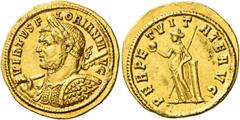 The Roman Empire. Florian, 276. Aureus circa 276, AV 4.58 g. VIRTVS F – LORIANI A – VG Laureate and cuirassed bust l., holding transverse spear over r. shoulder and decorated shield. Rev. PERPE – TVIT