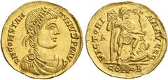 The Roman Empire. Constantine III, 407 – 411. Solidus, Arles after 408, AV 4.45 g. D N CONSTAN – TINVS P F AVG Pearl-diademed, draped and cuirassed bust r. Rev. VICTORI – A AAVGGG Emperor standing r.,