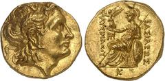 GREEK WORLD Thracian Kingdom Lysimachos, 323-281 BC. Gold Stater circa 286-281 BC, Pella. Head of Alexander the Great right, wearing a diadem and the horn of Ammon / Athena, helmeted, enthroned left, 