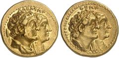 GREEK WORLD Egypt Ptolemy II Philadelphos, 285-246 BC. Gold Tetradrachm after 265 BC, Alexandria. Conjoined busts of Ptolemy II and Arsinöe II right; Ptolemy is diademed and draped, Arsinöe is diademe
