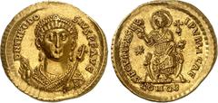 ROMAN EMPIRE Theodosius II, 402-450. Solidus 416 or 418, Constantinople. D N THEODO-SIVS P F AVG Facing consular bust of Theodosius II, holding mappa in right hand and sceptre in left hand / SECVRITAS