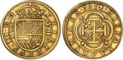 SPAIN Felipe III, 1598-1621. 8 Escudos 1614, Segovia. Crowned shield between mint mark and value / Cross in quadrilobe. 26,57g. Calicó 5; Cayón 5031; Fr. 182; La Onza 3. Very rare. Extremely fine. Pro