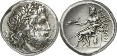 Béotie Confédération béotienne. Tétradrachme vers 287 av. J.-C., Thèbes. 17,11g. Tête laurée de Zeus lauré à droite / Poséidon tenant le trident dans la main gauche et un dauphin dans la main droite a