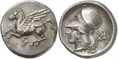 Corinthie Corinthe. Statère vers 340 av. J.-C. 8,53g. Pégase aux ailes droites volant à gauche; au-dessous, Ï™ / Tête d’Athéna portant un casque corinthien à gauche; derrière la nuque, une rose. Ravel