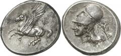 Corinthie Corinthe. Statère vers 340 av. J.-C. 8,57g. Pégase volant à gauche; dessous, Ï™ / Tête d’Athéna portant un casque corinthien à gauche; sous le menton, I; derrière la nuque, une Niké volant à