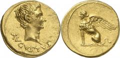Auguste 27 av. J.-C. - 14 ap. Aureus 19-18 ap. J.-C., Pergame. 8,02g. AVGVSTVS Tête d’Auguste à droite / Sphinx assis à gauche. C. 334; RIC cf. 82, 511 (tête à gauche); Calicò 157 (mêmes coins). Type 
