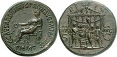 Caligula 37-41. Sesterce 39-40. 30,47g. C CAESAR DIVI AVG PRON AVG P M TR P III P P La Piété, voilée, assise à gauche, tenant de la main droite une patère et s’appuyant du coude gauche sur une statue;