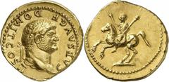 Domitien César 69-81. Aureus 73-75. 7,38g. CAES AVG F DOMIT COS II Tête laurée de Domitien à droite / Domitien au galop à gauche, tenant un sceptre de la main gauche et levant la main droite. C. - cf.