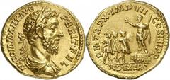 Commode 177-192. Aureus 186-187. 7,13g. M COMM ANT AVG - P BRIT FEL Buste lauré, drapé et cuirassé de Commode à droite / P M TR P X IMP VII COS IIII P P Commode tenant un sceptre de la main gauche, de