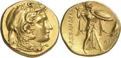 LE MONDE GREC SATRAPIE D'EGYPTE Ptolémée I satrape 323-305 av. J.-C. Statère d'or 312 - 311 av. J.-C., Alexandrie. Tête d'Alexandre le Grand portant une coiffe formée d'une tête d'éléphant et l'égide 