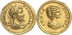 EMPIRE ROMAIN Septime Sévère 193-211. Aureus 200-201. SEVERVS AVG - PART MAX Buste lauré et drapé d'une dépouille de lion de Septime Sévère à droite / IVLIA - AVGVSTA Buste drapé de Julia Domna à droi