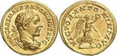EMPIRE ROMAIN Elagabal 218-222. Aureus 218-219. IMP CAES M AVR ANTONINVS AVG Buste lauré, drapé et cuirassé d'Elagabal à droite / VICTOR - ANTO-NINI AVG Victoire marchant à droite, tenant une palme et