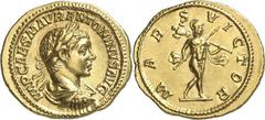 EMPIRE ROMAIN Elagabal 218-222. Aureus 219. IMP CAES M AVR ANTONINVS AVG Buste lauré, drapé et cuirassé d'Elagabal à droite / MARS - VICTOR Mars, casqué et nu, un manteau sur l'épaule, marchant à droi