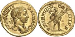 EMPIRE ROMAIN Sévère Alexandre 222-235. Aureus 230. IMP SEV ALE-XAND AVG Buste lauré de Sévère Alexandre, un manteau sur l'épaule gauche / P M TR P VIIII - COS - III P P Romulus marchant à droite, ten