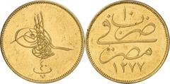 LE MONDE ARABE OTTOMAN EMPIRE A UNIQUE PRESENTATION GOLD COIN OF THE OTTOMAN EMPIRE. Abdul Aziz, AH 1277-1293 (1861-1876). 40 Para AH 1277-10 (1869), Misr (Egypte). ESSAI en OR. Monogramme du sultan (