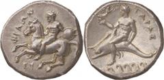 Italy. Calabria, Taras. Stater, c. 490 - 480 BC. (Silver, 7.90g., 21mm). ΦΙΛΩΝ / ΕΥ Nude ephebe riding galloping horse to left, holding round shield and two spears with his left hand and grasping his 