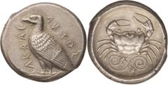 Italy. Sicily, Akragas. Tetradrachm, c. 460 - 450/446 BC. (Silver, 17.47g., 24.4mm). AKRAC – ANTOΣ (the N retrograde) Eagle with closed wings standing left on Ionic column capital / Crab; below, two l