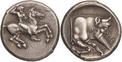 Italy. Sicily, Gela. Didrachm, c. 490/85 - 480/75 BC. (Silver, 8.62g., 19.5mm). Nude and bearded rider galloping to right, hurling spear with his raised right hand and holding the horse’s reins in his