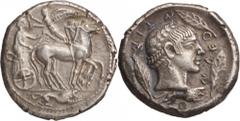 Italy. Sicily, Leontinoi. Tetradrachm, c. 470 - 465 BC. (Silver, 17.19g., 27.5mm). Quadriga, driven by a male charioteer wearing a long chiton, moving slowly to right; above, Nike flying left to crown