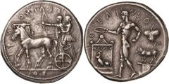 Italy. Sicily, Selinos. Tetradrachm, c. 460 - 450 BC. (Silver, 17.49g., 28.3mm). ΣΕΛΙΝΟ-ΝΤΙ-ΟΣ (retrograde) Quadriga walking to left, driven by Artemis standing left and holding the reins in both hand