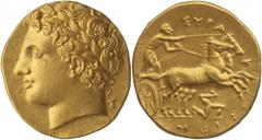 Italy. Sicily, Syracuse. Dekadrachm, c. 317 - 310 BC, under Agathokles. (Gold, 4.28g., 16.3mm). Laureate head of Apollo to left; behind head, Σ / ΣΥΡΑ–Κ-ΟΣΙΩΝ Charioteer driving a biga rushing to righ