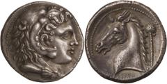 Siculo-Punic Coinage. Sicily, uncertain mint. Tetradrachm, c. 300 BC. (Silver, 17.20g., 27.1mm). Head of Melqart-Herakles to right, wearing lion skin headdress / ‛MHMḤNT Horse’s head to left; behind, 