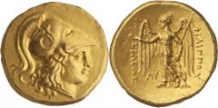 Northern Greece. Kings of Macedon, Philip III, 323 - 317 BC. Stater, Babylon, c. 323 - 319. (Gold, 8.56g., 20mm). Head of Athena to right, wearing pendant earring, necklace and crested Corinthian helm