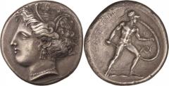 Central Greece. Lokris, Opuntii, or Opous. Stater, c. 360s-c. 338 BC. (Silver, 12.19g., 23.5mm). Head of Demeter to left, wearing wreath of corn leaves, triple pendant earring and pearl necklace / ΟΠΟ