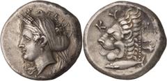 Asia Minor. Mysia, Kyzikos. Tetradrachm, c. 386 - 362 BC. (Silver, 15.24g., 24.8mm). ΣΩΤΕΙΡΑ Head of Kore Soteira to left, wearing a grain wreath and a sphendone covered by a veil, the ends of which c