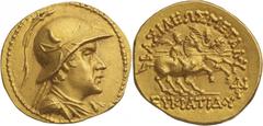 The East. The Kingdom of Bactria, Eukratides, c. 170 - 145 BC. Stater, Merv, later 160s BC. (Gold, 8.47g., 18.9mm). Diademed and draped bust of Eukratides to right, wearing Macedonian helmet adorned w