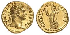 EMPIRE ROMAIN Domitien 81-96. Aureus 90-91. DOMITIANVS - AVGVSTVS Tête laurée de Domitien à droite / GERMANICVS - COS XV Minerve casquée debout à gauche, tenant une lance et un foudre; à ses pieds, un