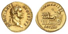 EMPIRE ROMAIN Domitien 81-96. Aureus 88-89. DOMITIANVS - AVGVSTVS Tête laurée de Domitien à droite / GERMANICVS / COS XIIII Domitien dans un quadrige à gauche, tenant un sceptre et une branche de laur