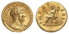 EMPIRE ROMAIN Hadrien 117-138. Aureus 119-122. IMP CAESAR TRAIAN HADRIANVS AVG Buste lauré, drapé et cuirassé d'Hadrien à droite / P M TR P - COS III Jupiter assis a gauche, tenant un foudre et une la