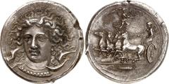 Greek World Sicily. The most important Greek silver coin ever sold. Syracuse. Silver Tetradrachm signed by Kimon, circa 405-400 BC. APEƟOΣA Head of Arethusa facing, slightly inclined to the left, wear