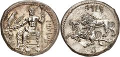 Le monde Grec Cilicie Tarsos. Satrape Mazaios, 361-334 av. J.-C. Statère d'argent, Tarse. B'LTRZ TN M (en araméen) Baal de Tarse assis à gauche tenant un cep de vigne, un épi de blé et un aigle dans s