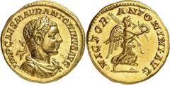 Empire Romain Elagabale, 218-222. Aureus 218-219, Rome. IMP CAES M AVR ANTONINVS AVG Buste lauré, drapé et cuirassé d'Elagabale à droite / VICTOR ANTONINI AVG Une victoire avançant à droite, tenant un