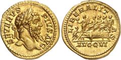 EMPIRE ROMAIN Septime Sévère 193-211. Aureus 202-210, Rome. SEVERVS - PIVS AVG Tête laurée de Septime Sévère à droite / LI-BERA-LITAS / AVGG VI Septime Sévère entouré de Caracalla et Geta assis à gauc